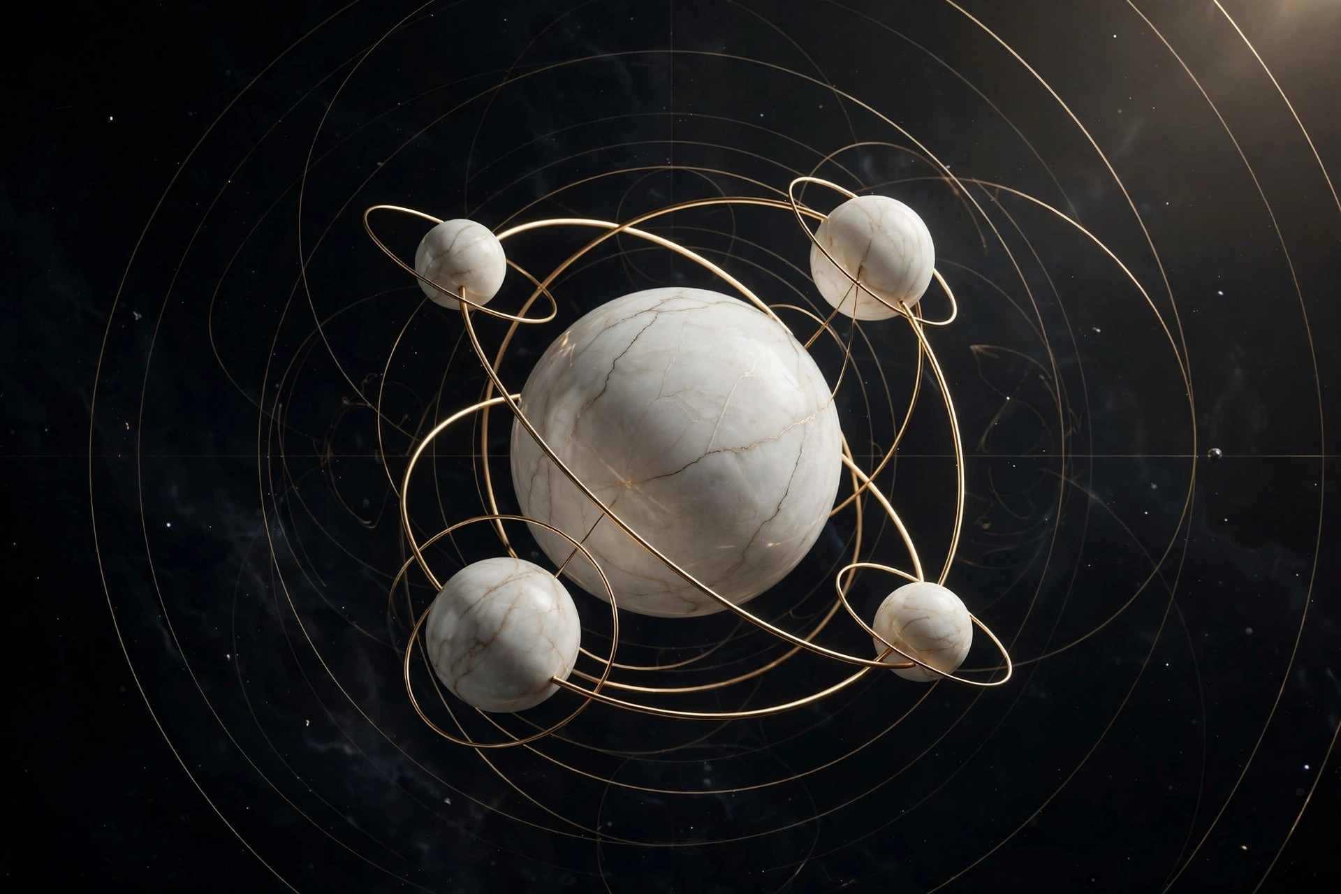 The Orbios observatory — marble celestials in gold orbit